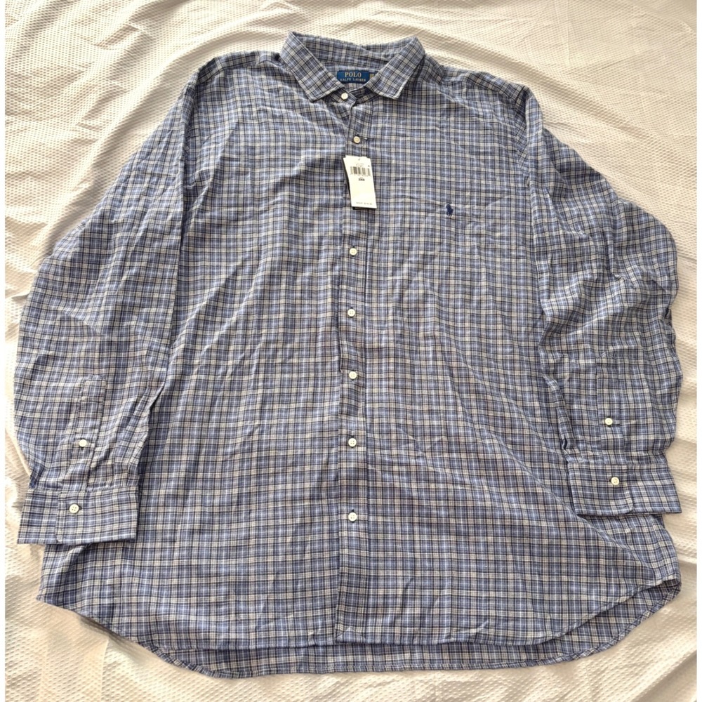 Polo Ralph Lauren Shirt Mens Big 3XB Blue Plaid Flannel Long Sleeve Casual